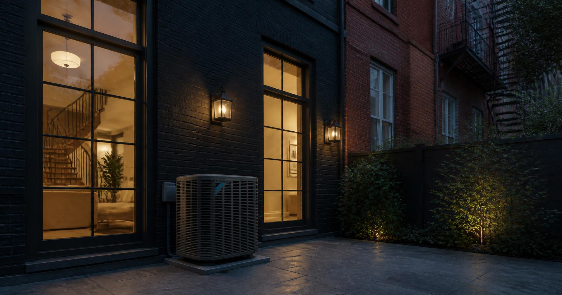 New York townhouse with a newly installed HVAC condenser at dusk