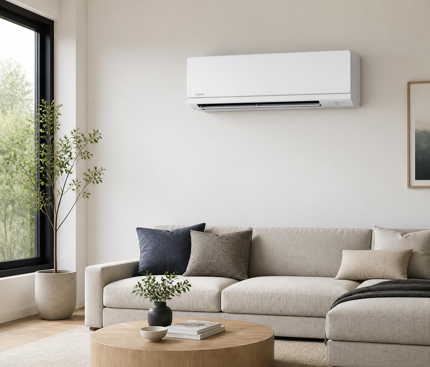 Mitsubishi ductless mini-split indoor unit installed in a modern living room