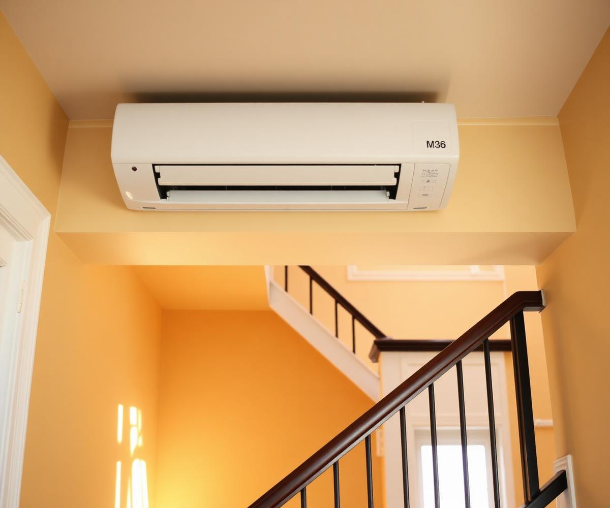 Ductless mini-split indoor unit installed above a stairwell in a New York home