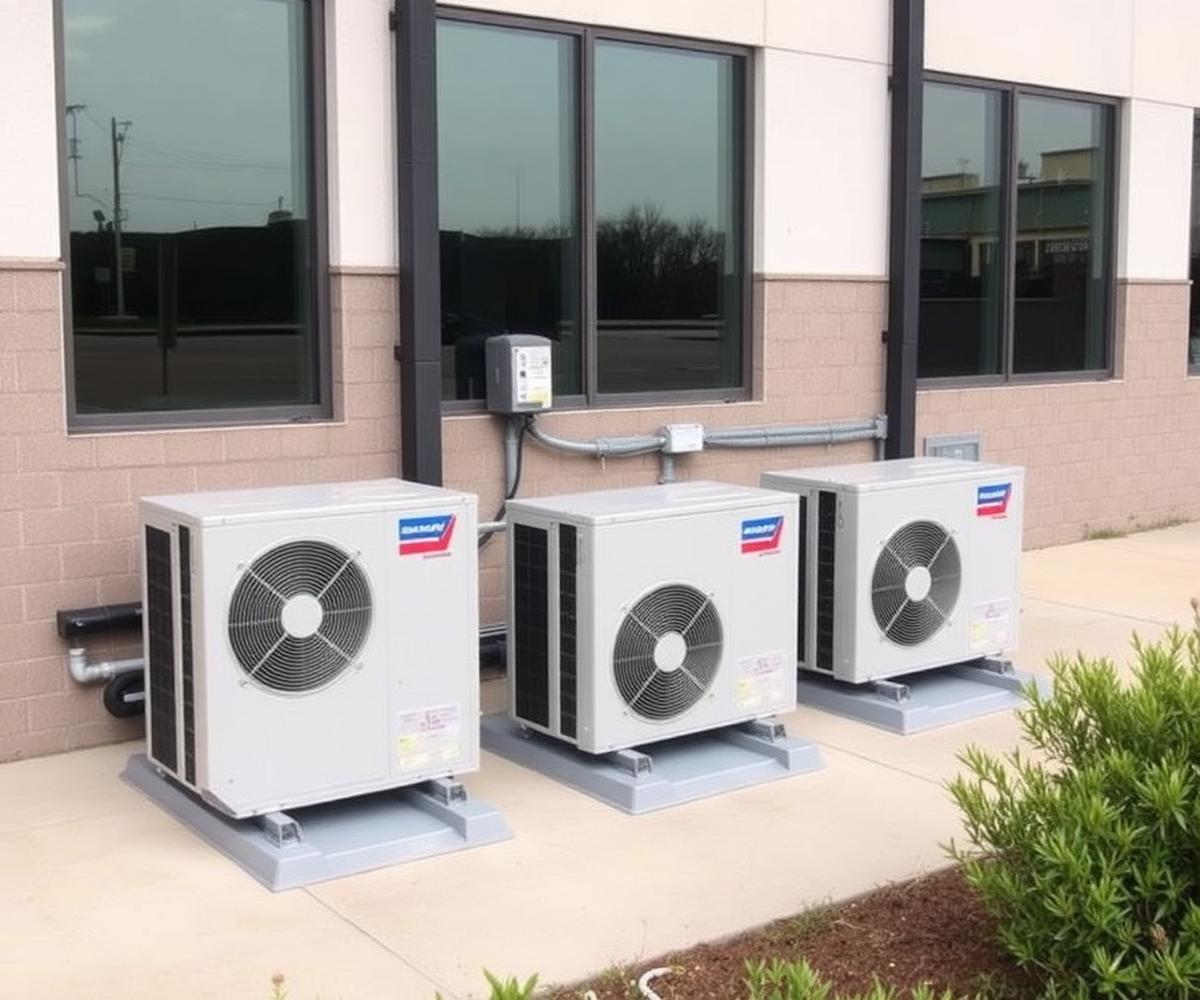 Three outdoor HVAC condenser units installed on a concrete pad at a commercial property