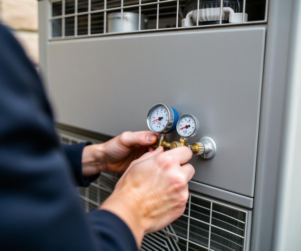 Technician checking refrigerant pressures on a heat pump with manifold gauges