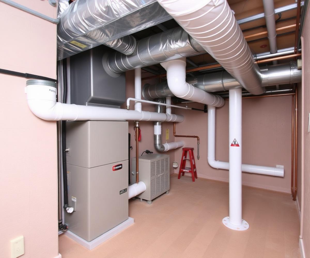 Newly installed residential air handler with insulated ductwork in a mechanical room