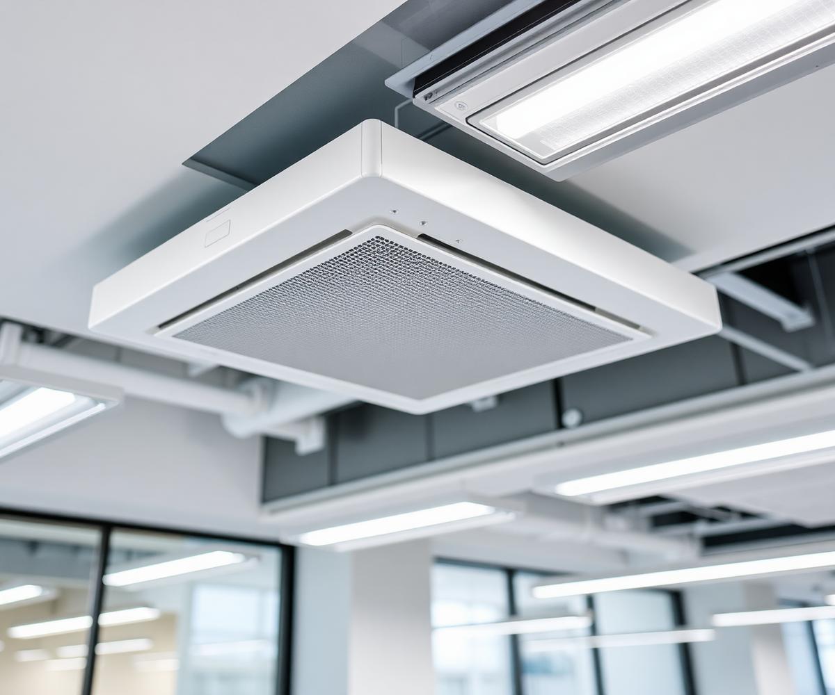 Ceiling cassette air conditioning unit installed in a modern office ceiling