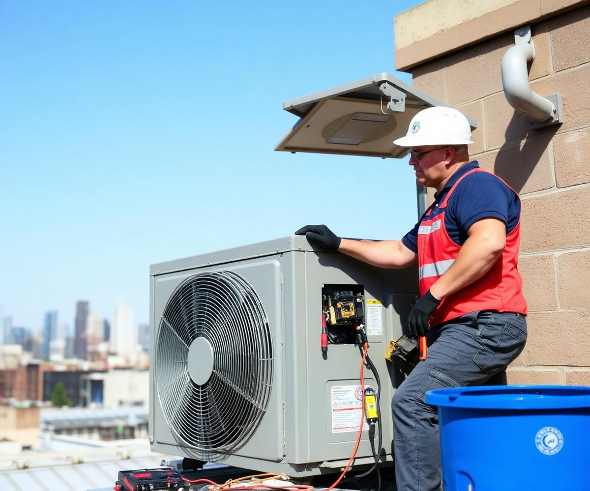 HVAC technician servicing a rooftop packaged unit on a commercial building