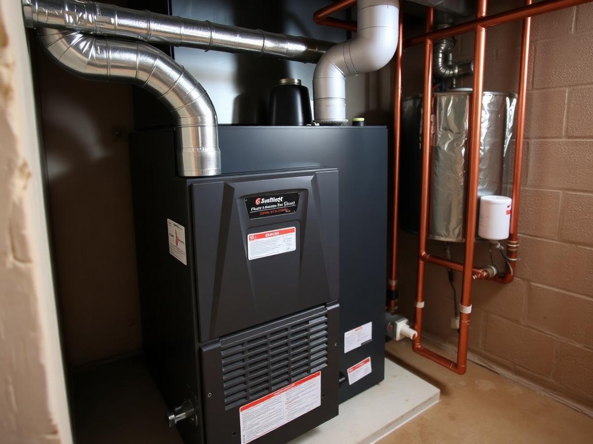 High-efficiency gas furnace installed in a New York basement mechanical room