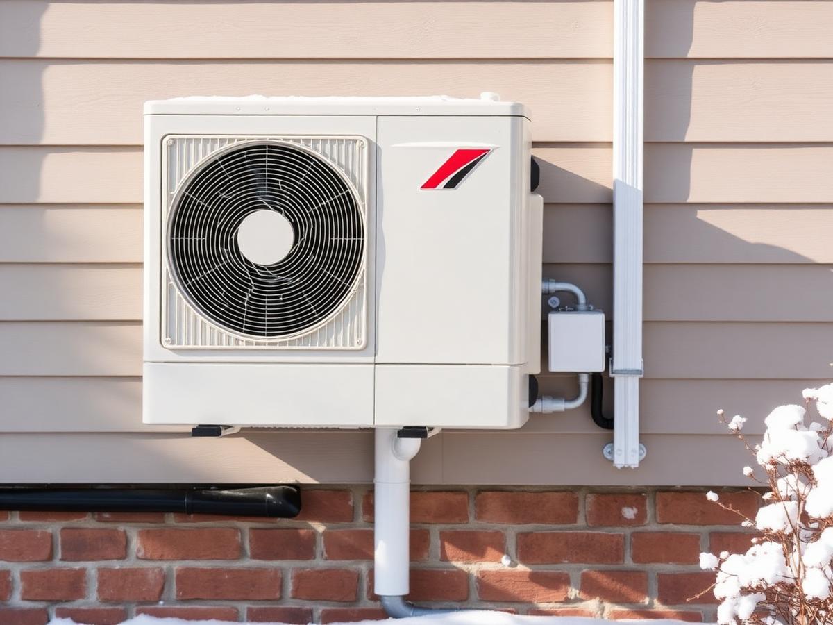 Air-source heat pump outdoor unit mounted on a wall bracket in winter